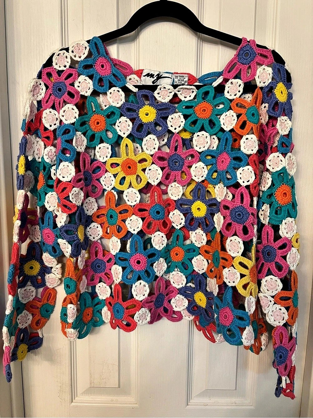 Vintage 90s "MY" Floral Crochet Top Sweater Boho Open Knit One Size